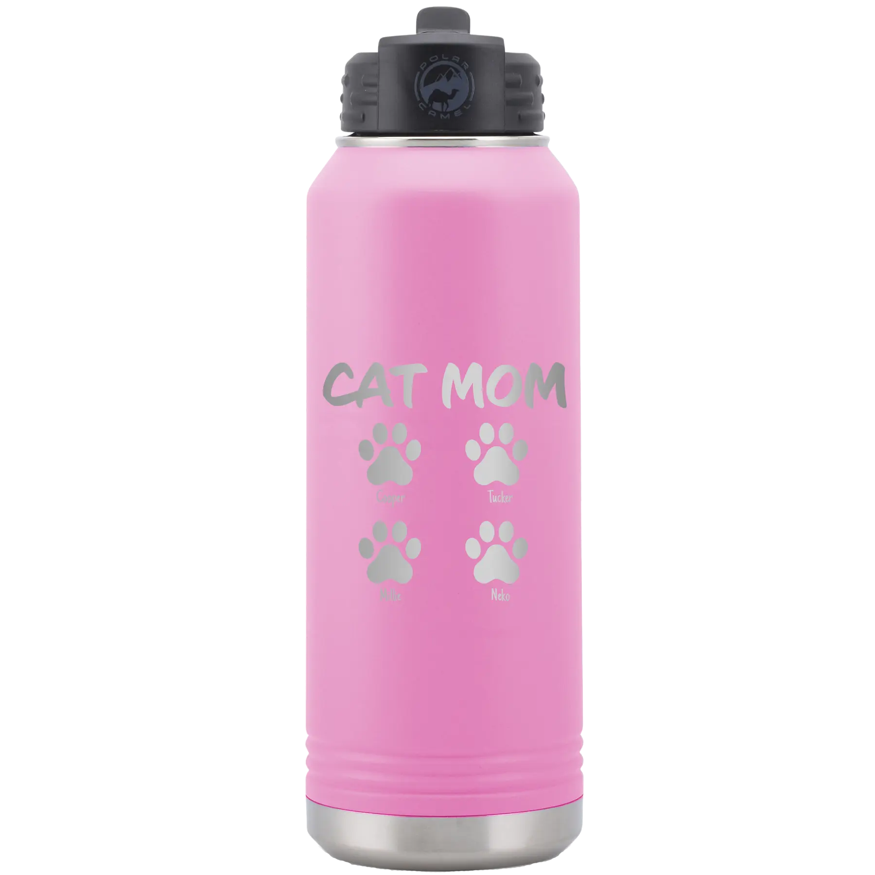 Personalized light purple 32 oz vacuum insulated water bottle with 'Cat Dog Mom Dad 4 paws' design
