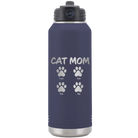 Personalized navy 32 oz vacuum insulated water bottle with 'Cat Dog Mom Dad 4 paws' design