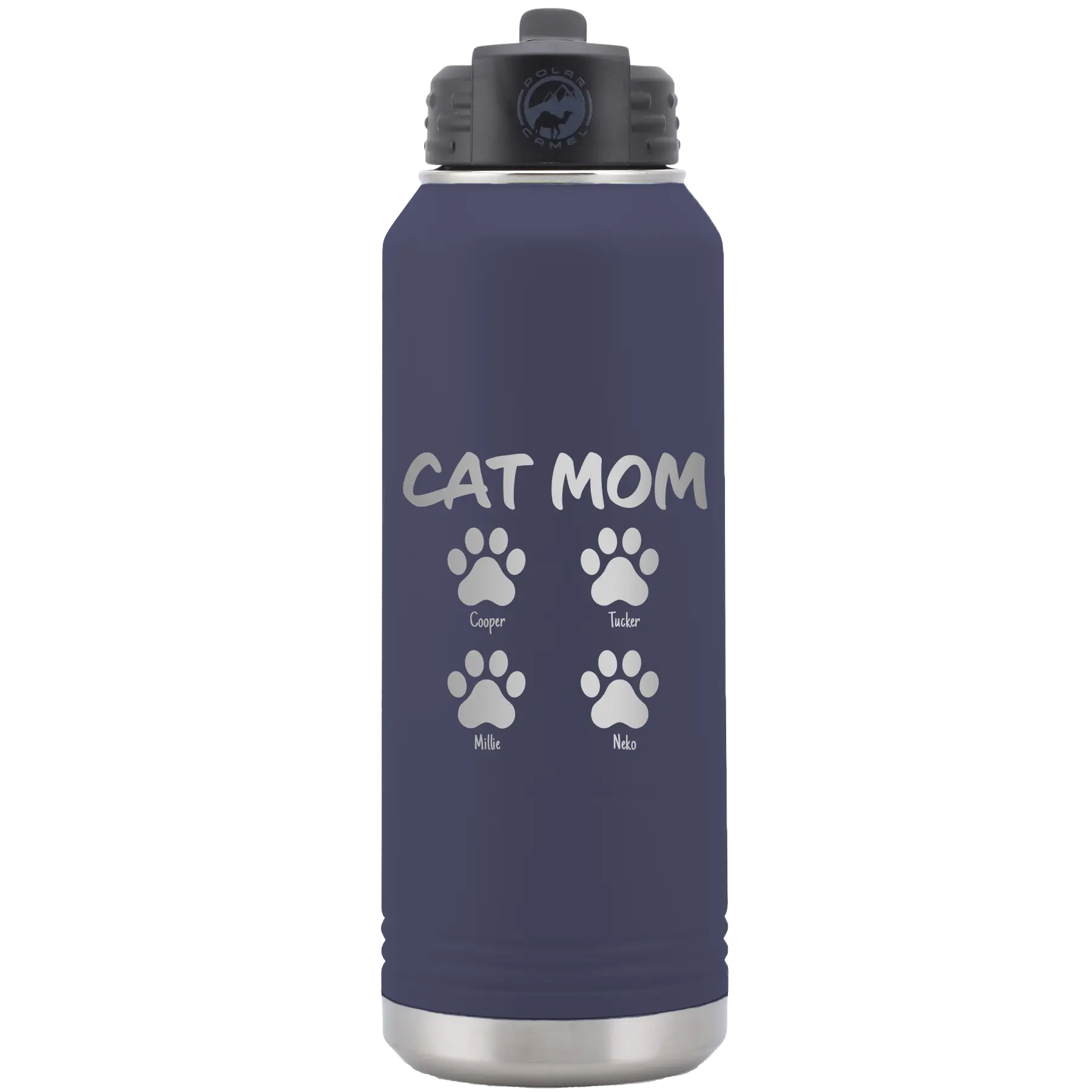 Personalized navy 32 oz vacuum insulated water bottle with 'Cat Dog Mom Dad 4 paws' design