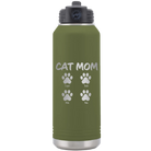 Personalized olive green 32 oz vacuum insulated water bottle with 'Cat Dog Mom Dad 4 paws' design