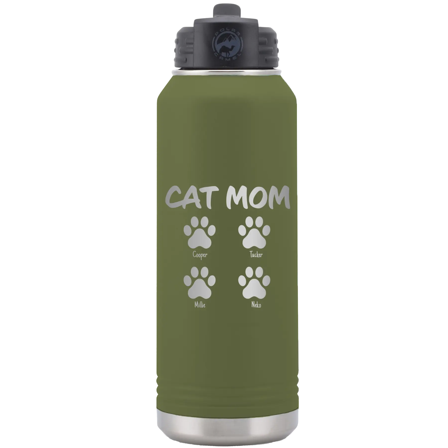 Personalized olive green 32 oz vacuum insulated water bottle with 'Cat Dog Mom Dad 4 paws' design