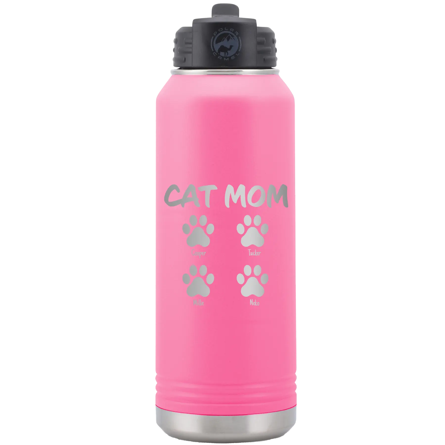 Personalized pink 32 oz vacuum insulated water bottle with 'Cat Dog Mom Dad 4 paws' design