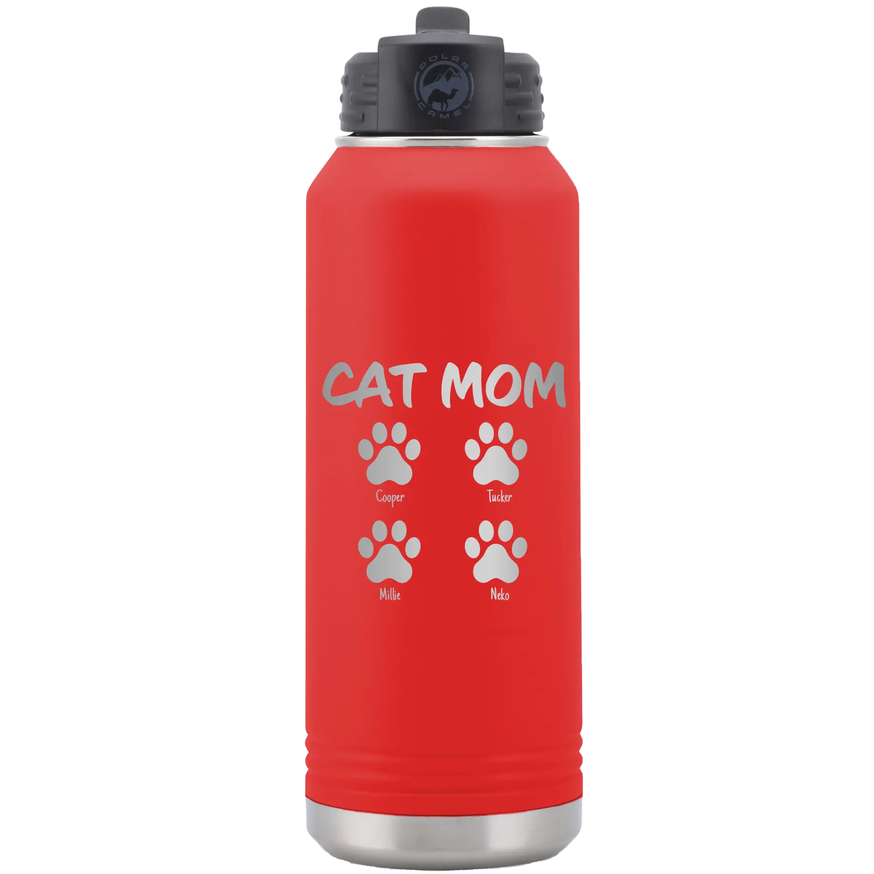 Personalized red 32 oz vacuum insulated water bottle with 'Cat Dog Mom Dad 4 paws' design