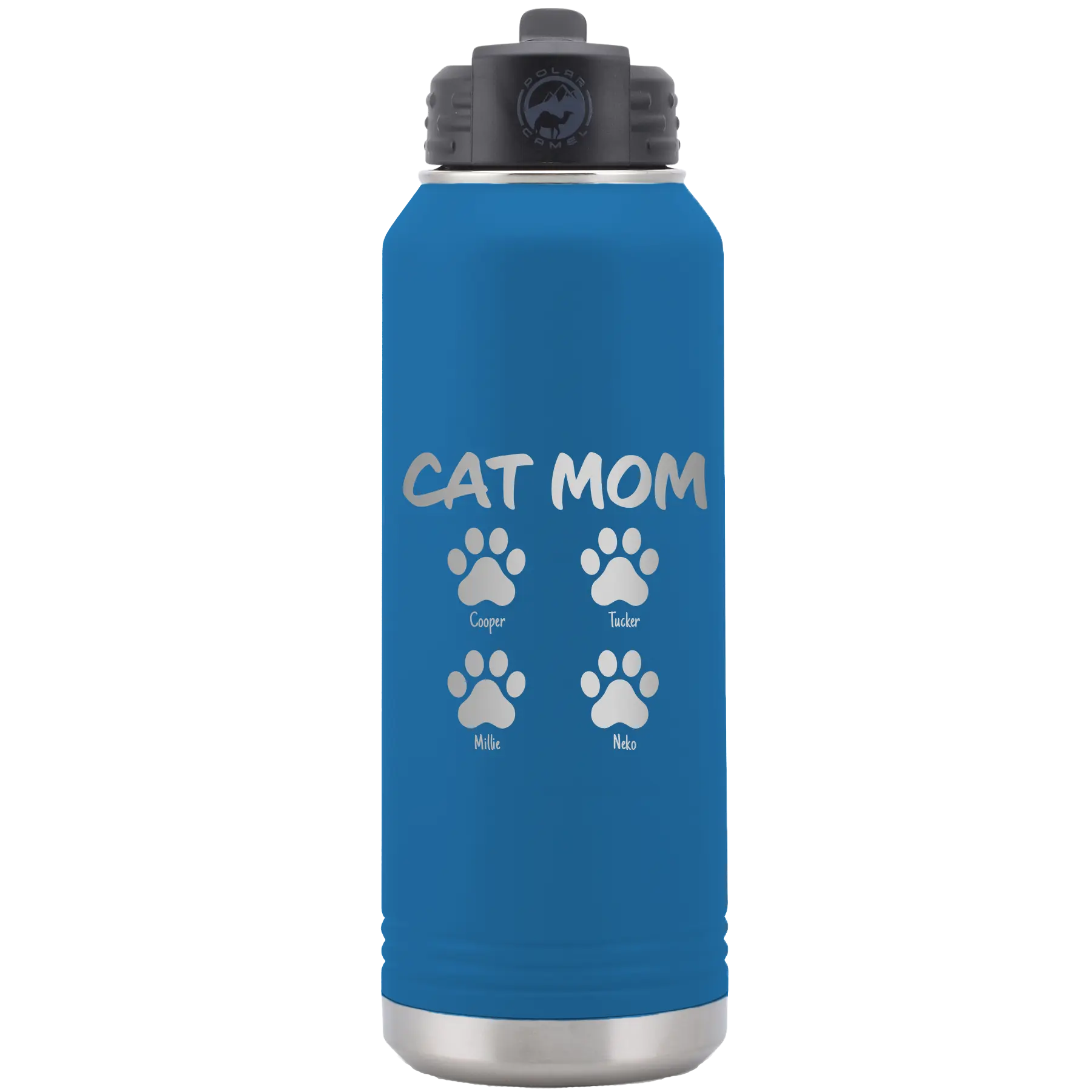 Personalized royal blue 32 oz vacuum insulated water bottle with 'Cat Dog Mom Dad 4 paws' design