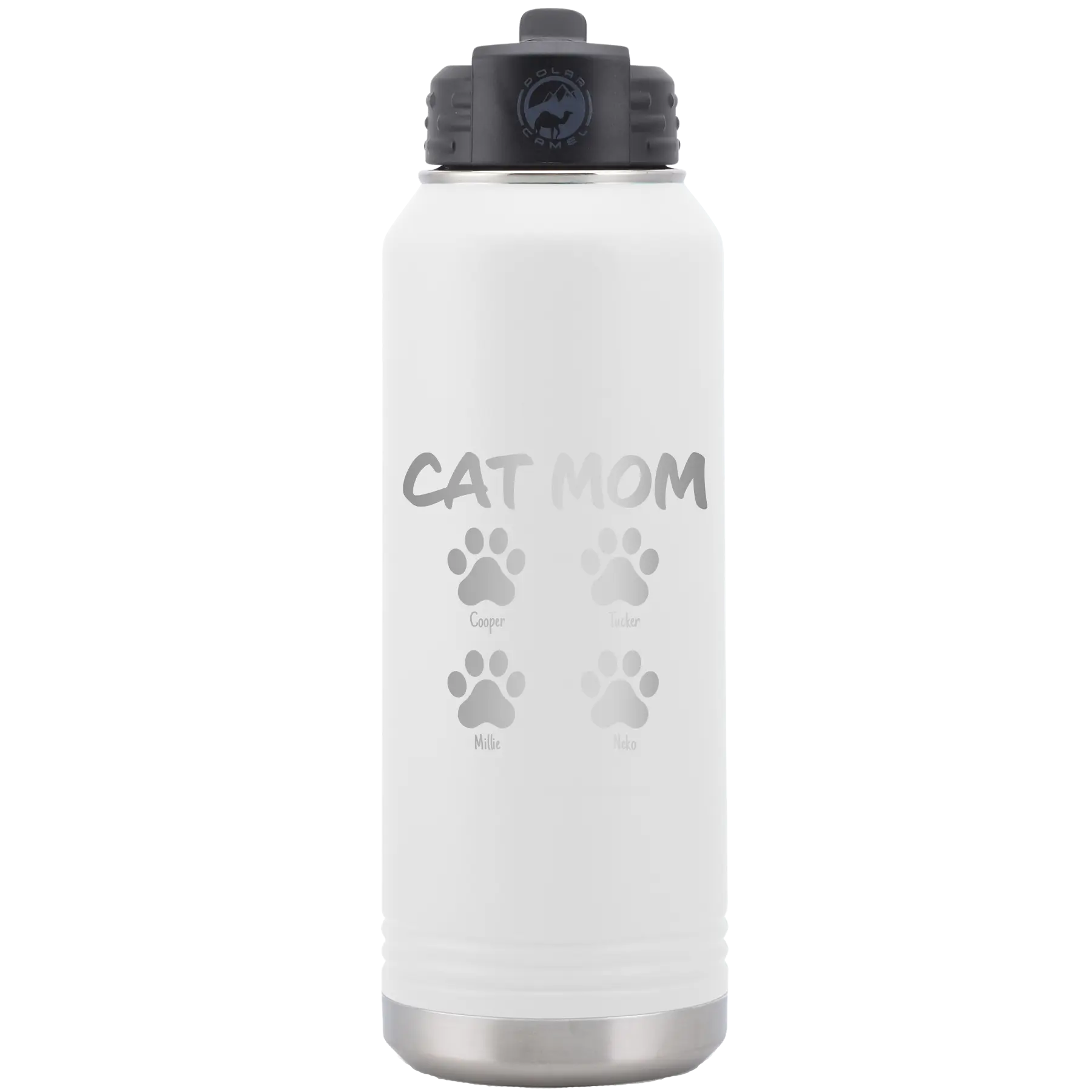 Personalized white 32 oz vacuum insulated water bottle with 'Cat Dog Mom Dad 4 paws' design