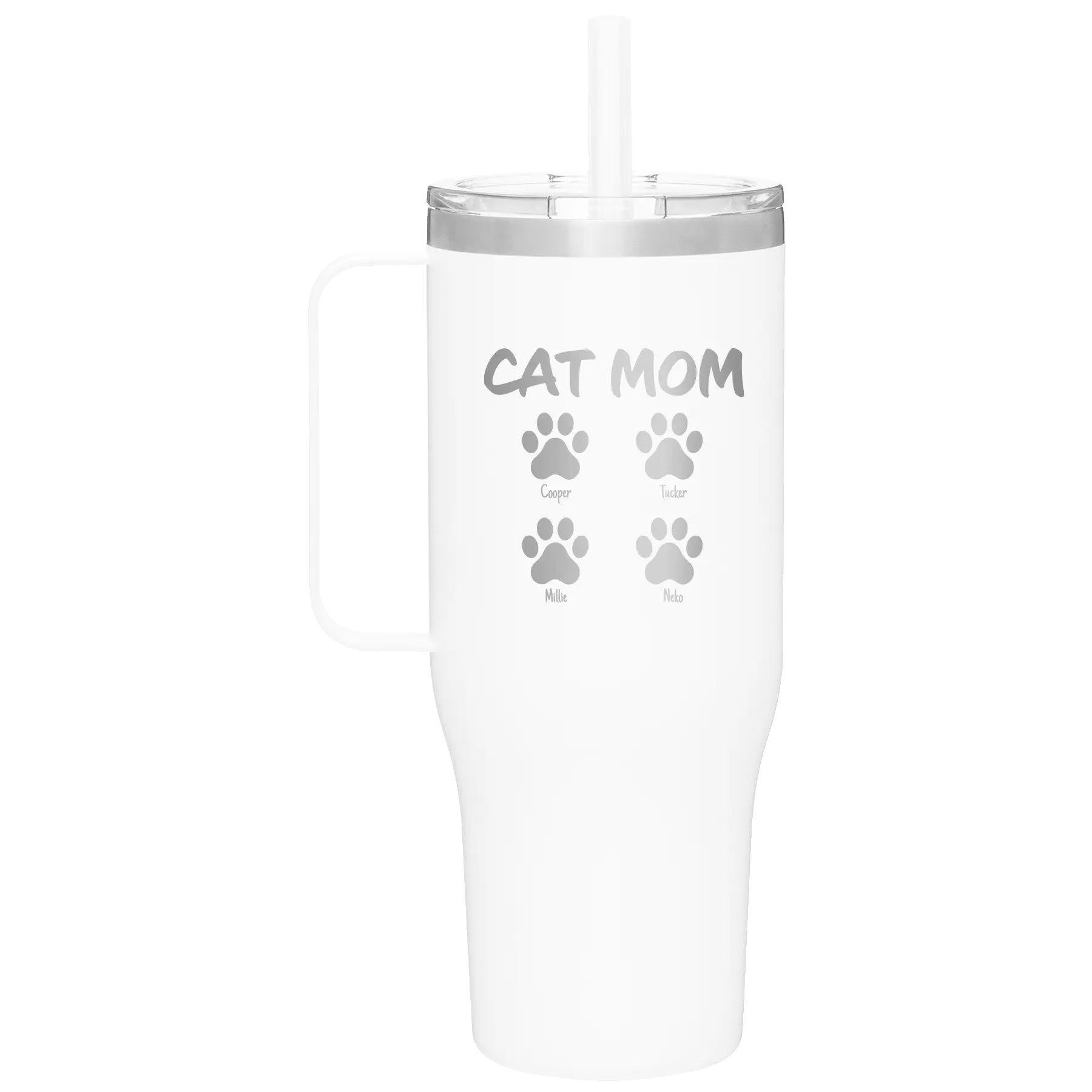 Personalized white 40 oz vacuum insulated tumbler mug with 'Cat Dog Mom Dad 4 paws' design