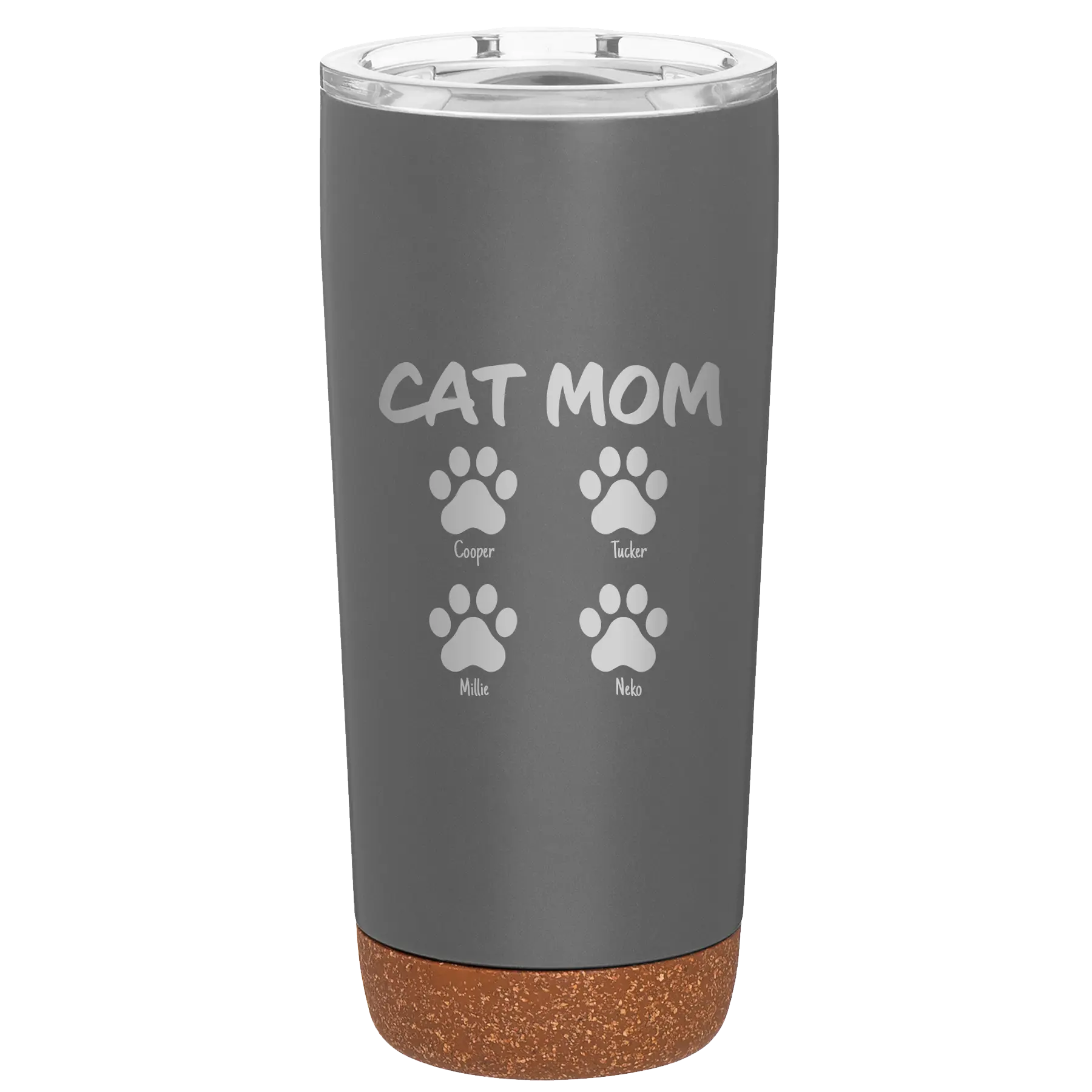 Personalized storm gray 20 oz vacuum insulated tumbler with 'Cat Dog Mom Dad 4 paws' design