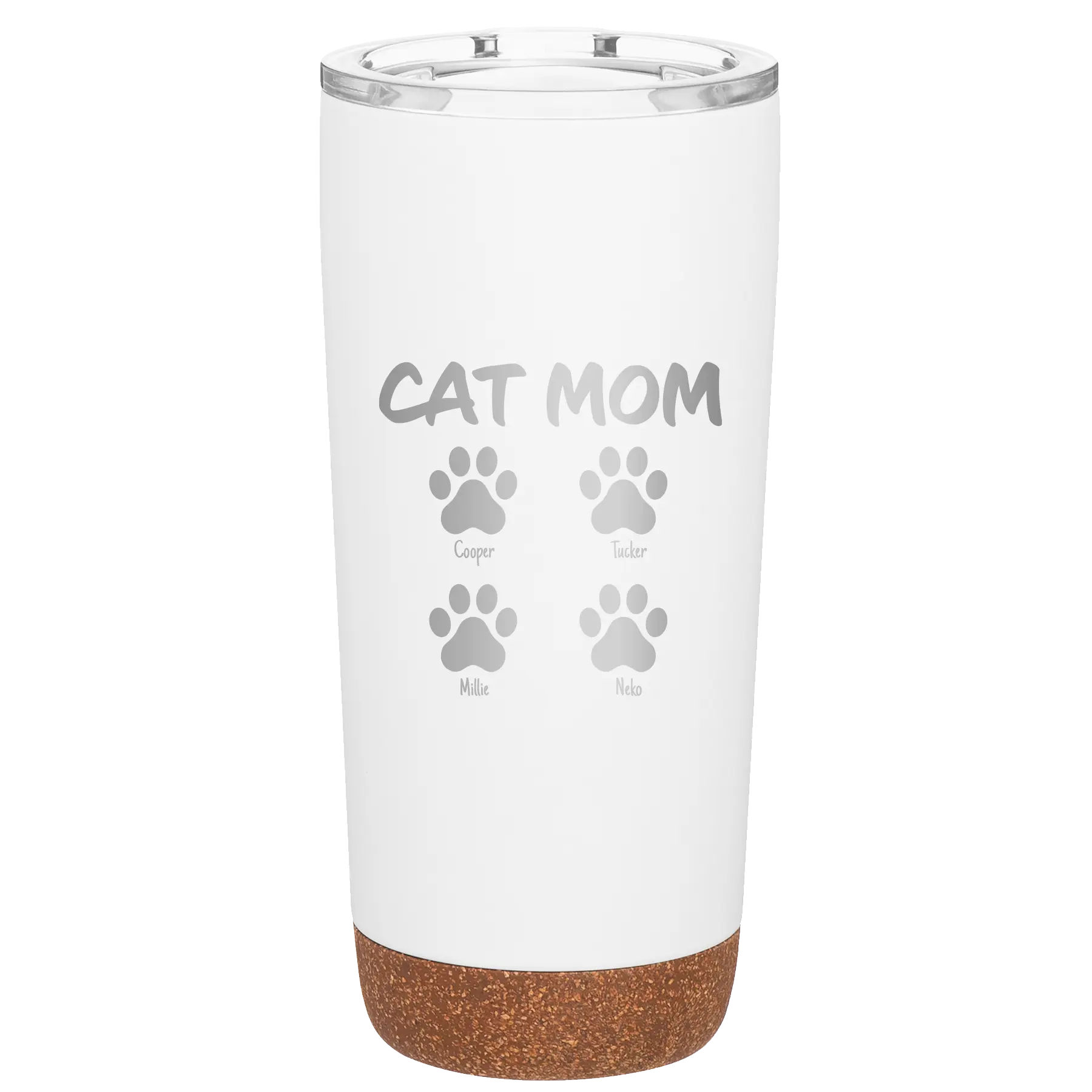 Personalized white 20 oz vacuum insulated tumbler with 'Cat Dog Mom Dad 4 paws' design