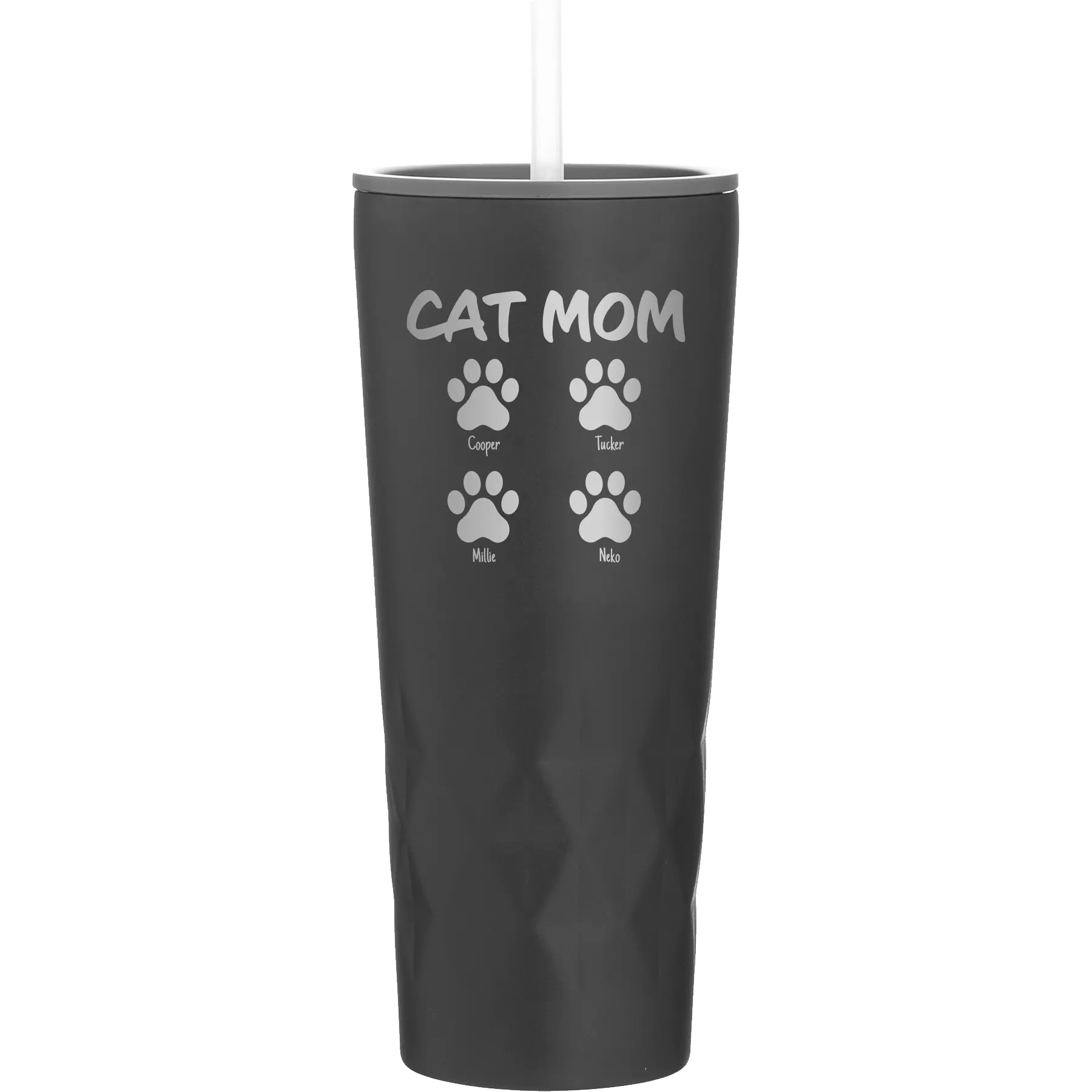 Personalized black 20 oz vacuum insulated tumbler with 'Cat Dog Mom Dad 4 paws' design