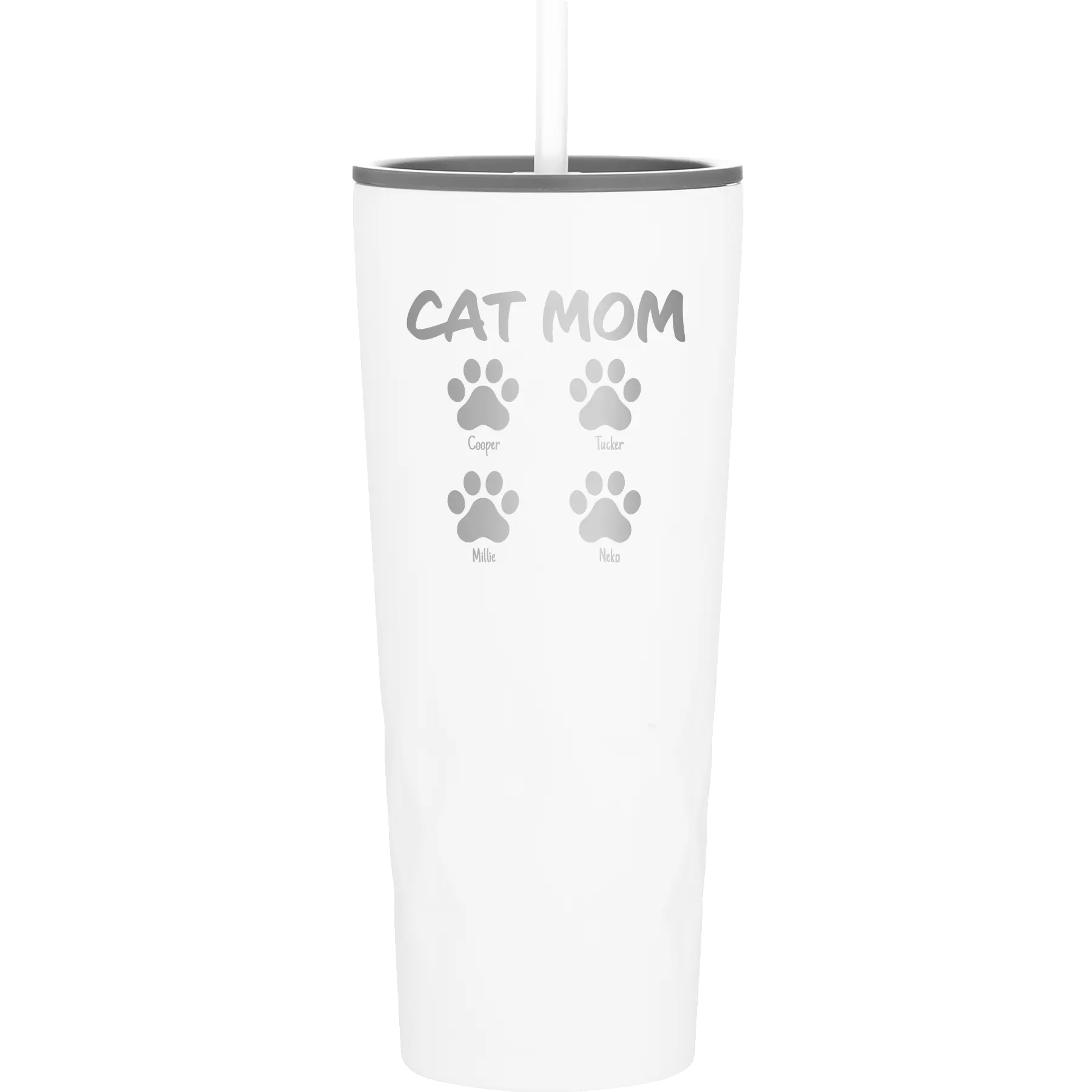 Personalized white 20 oz vacuum insulated tumbler with 'Cat Dog Mom Dad 4 paws' design