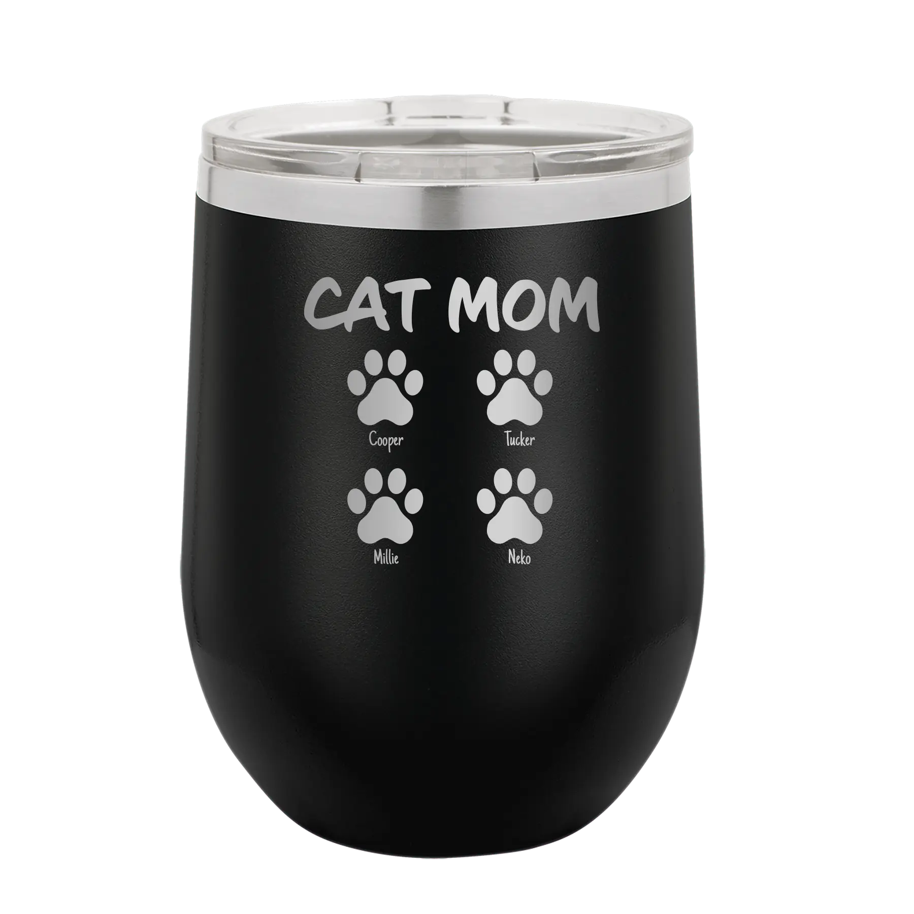 Personalized black 12 oz vacuum insulated wine cup with 'Cat Dog Mom Dad 4 paws' design