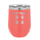 Personalized coral 12 oz vacuum insulated wine cup with 'Cat Dog Mom Dad 4 paws' design