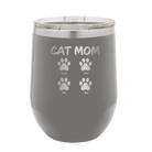Personalized dark gray 12 oz vacuum insulated wine cup with 'Cat Dog Mom Dad 4 paws' design