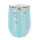 Personalized light blue 12 oz vacuum insulated wine cup with 'Cat Dog Mom Dad 4 paws' design