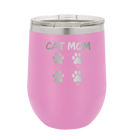 Personalized light purple 12 oz vacuum insulated wine cup with 'Cat Dog Mom Dad 4 paws' design