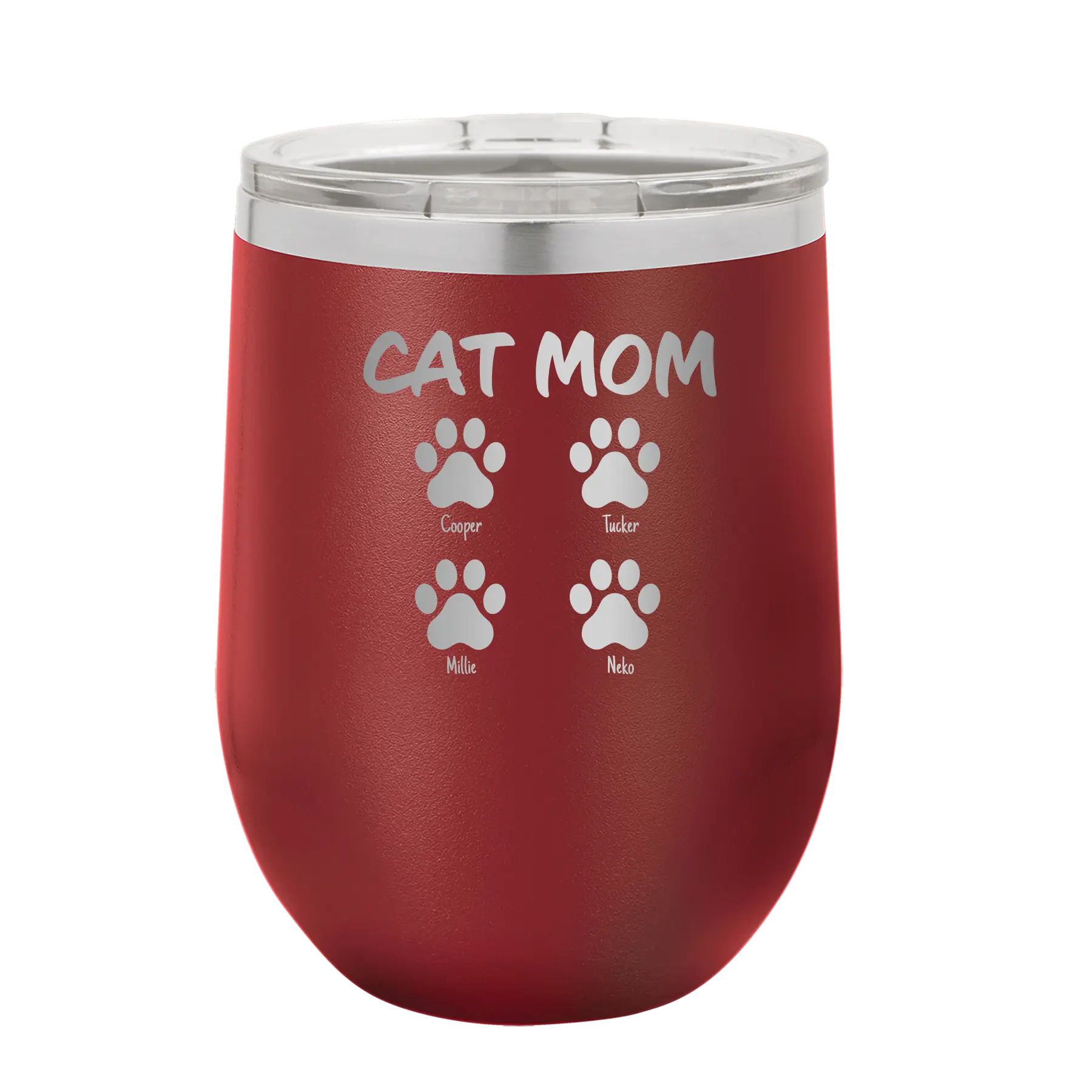 Personalized maroon 12 oz vacuum insulated wine cup with 'Cat Dog Mom Dad 4 paws' design