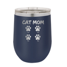 Personalized navy 12 oz vacuum insulated wine cup with 'Cat Dog Mom Dad 4 paws' design