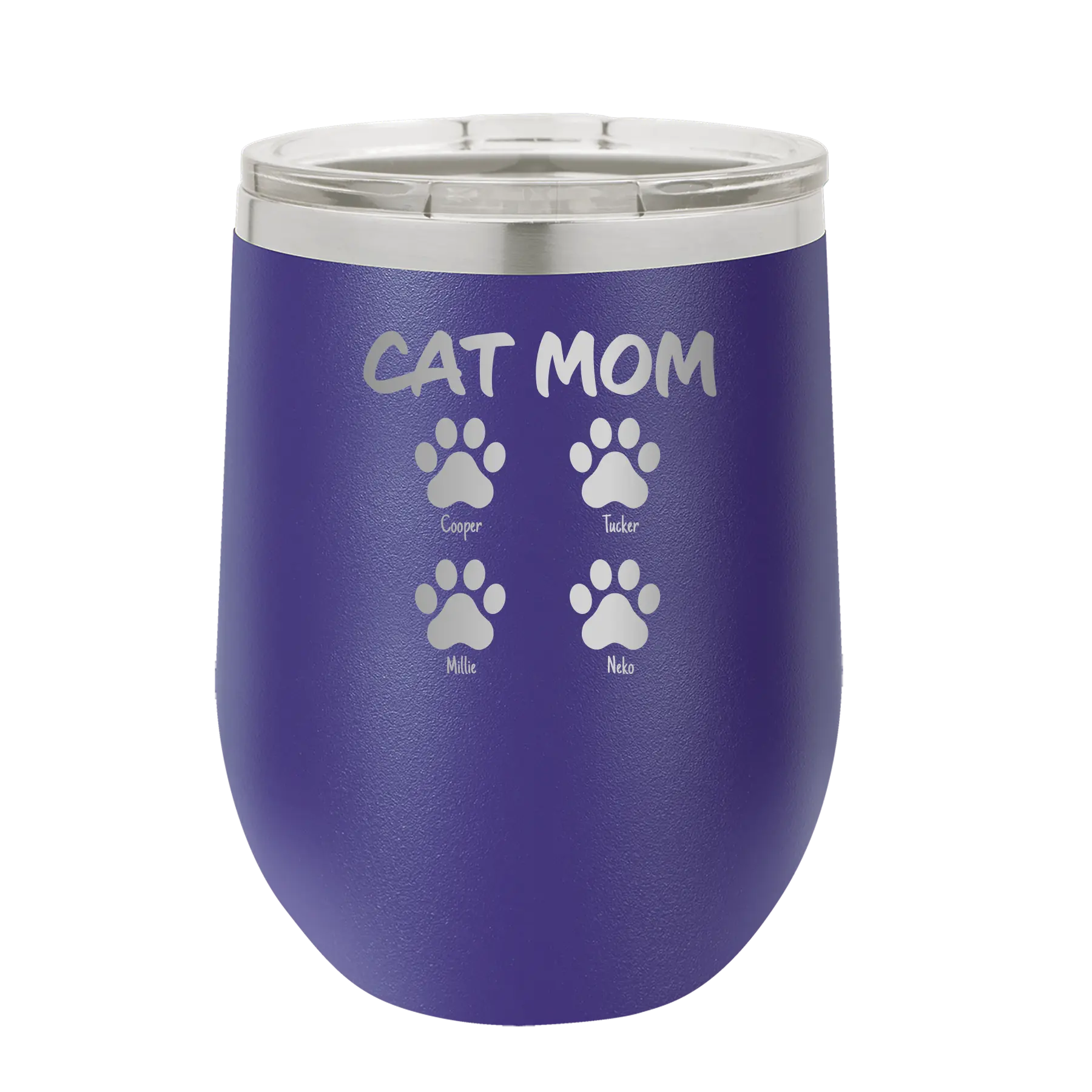 Personalized purple 12 oz vacuum insulated wine cup with 'Cat Dog Mom Dad 4 paws' design