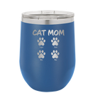 Personalized royal blue 12 oz vacuum insulated wine cup with 'Cat Dog Mom Dad 4 paws' design