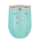 Personalized teal 12 oz vacuum insulated wine cup with 'Cat Dog Mom Dad 4 paws' design