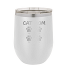 Personalized white 12 oz vacuum insulated wine cup with 'Cat Dog Mom Dad 4 paws' design