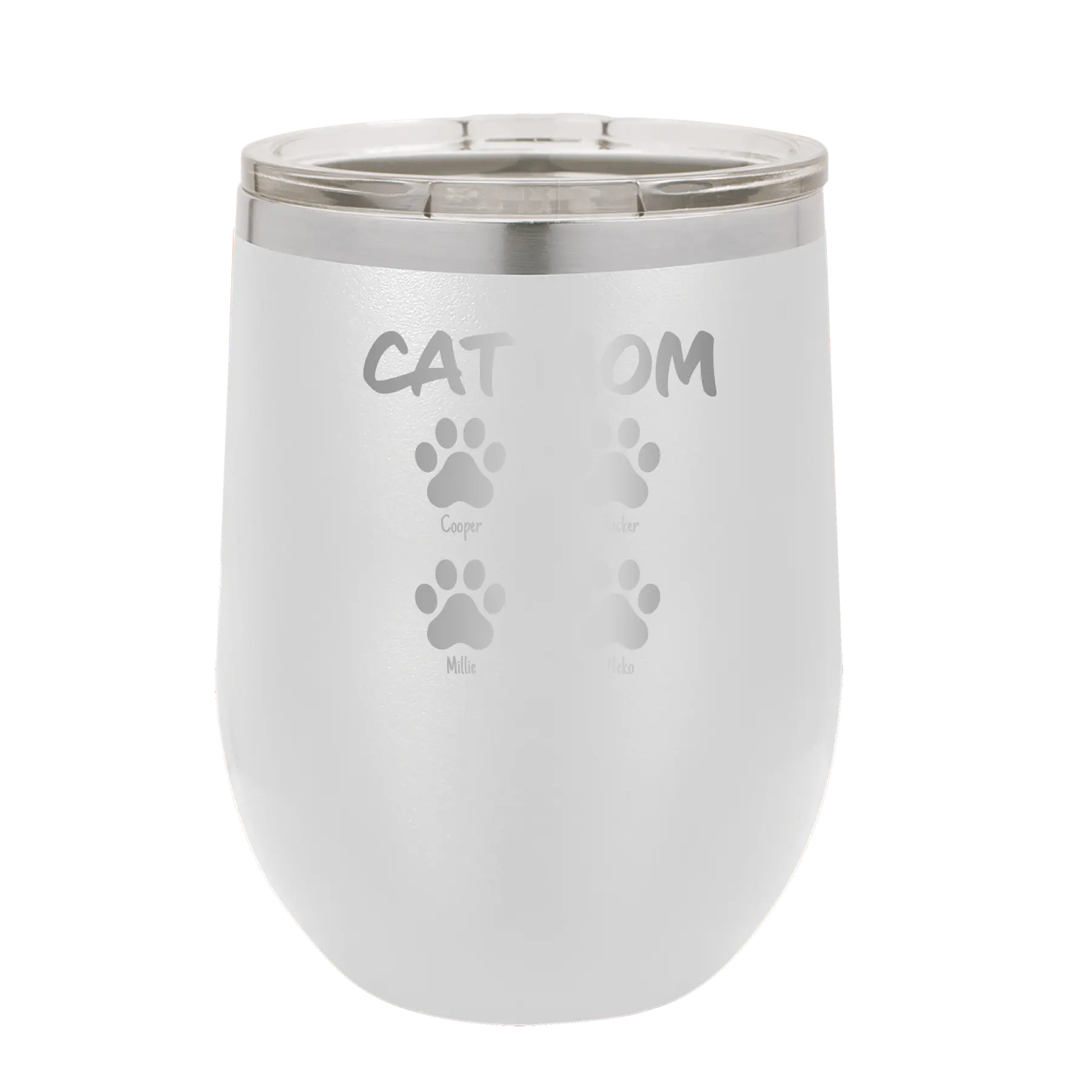 Personalized white 12 oz vacuum insulated wine cup with 'Cat Dog Mom Dad 4 paws' design