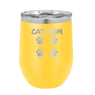 Personalized yellow 12 oz vacuum insulated wine cup with 'Cat Dog Mom Dad 4 paws' design