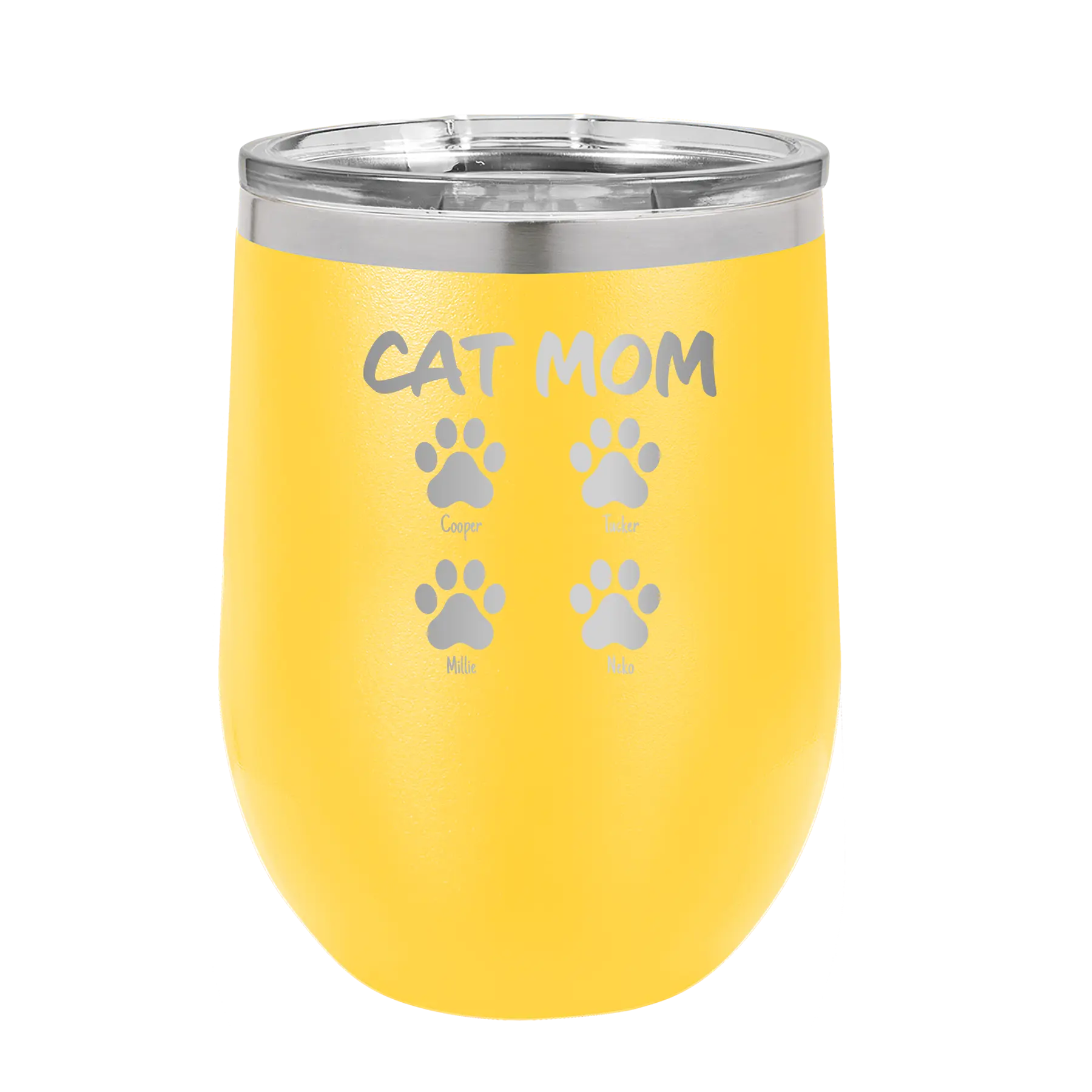 Personalized yellow 12 oz vacuum insulated wine cup with 'Cat Dog Mom Dad 4 paws' design