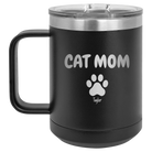 Personalized black 15 oz vacuum insulated coffee mug with 'Cat Dog Mom Dad 1 paw' design