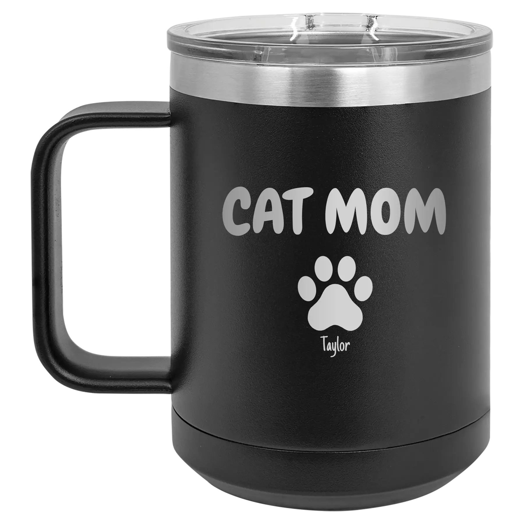 Personalized black 15 oz vacuum insulated coffee mug with 'Cat Dog Mom Dad 1 paw' design