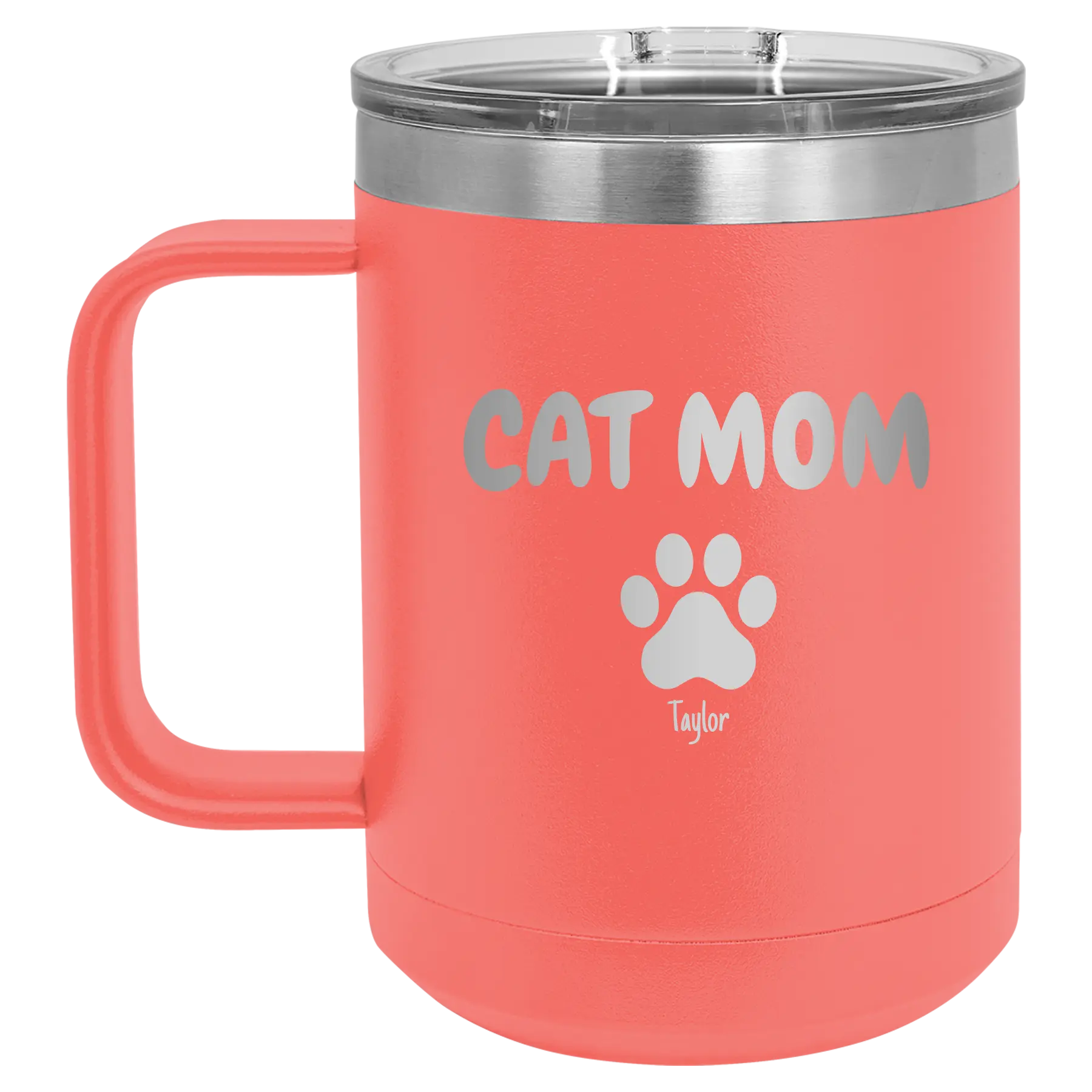 Personalized coral 15 oz vacuum insulated coffee mug with 'Cat Dog Mom Dad 1 paw' design