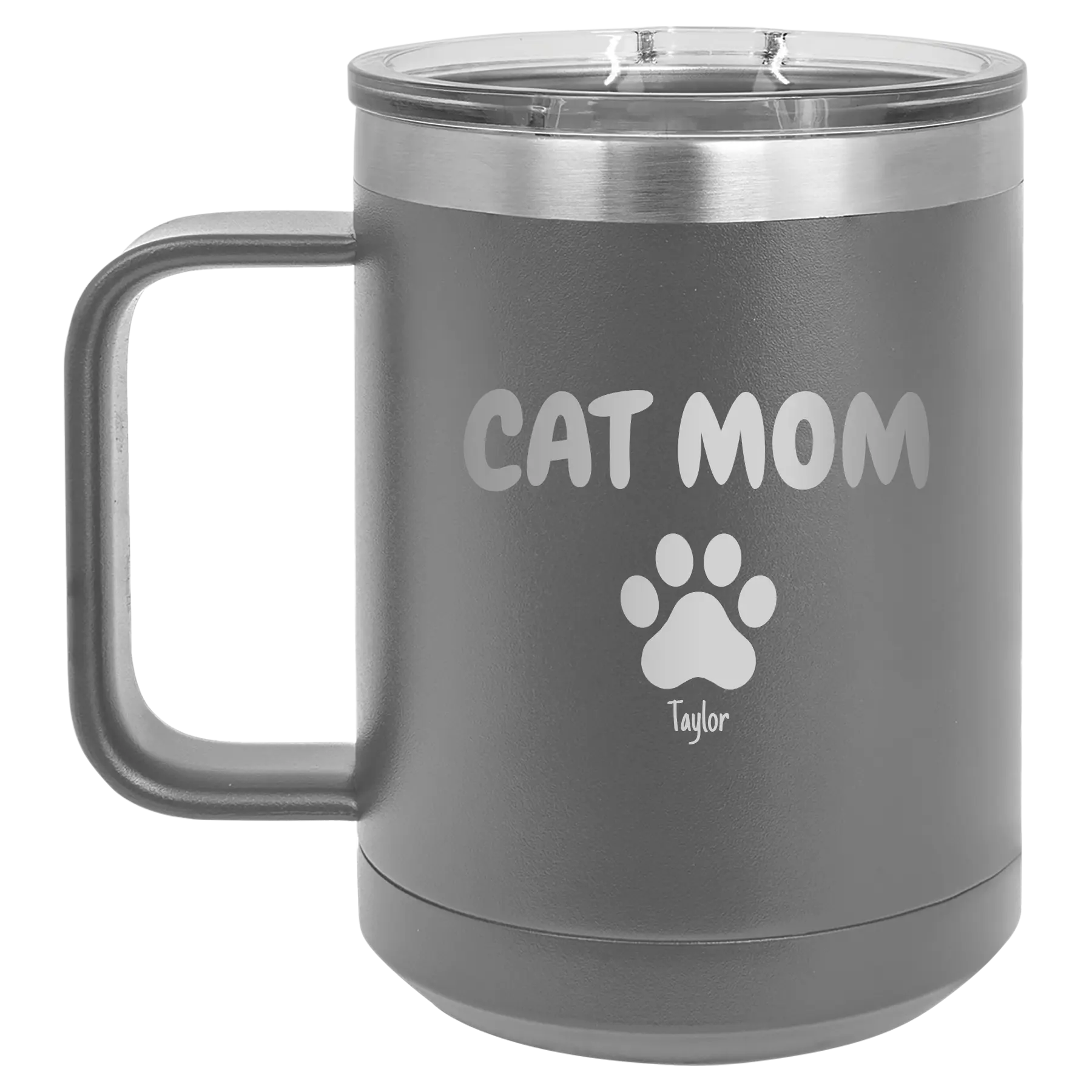 Personalized dark gray 15 oz vacuum insulated coffee mug with 'Cat Dog Mom Dad 1 paw' design