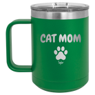 Personalized green 15 oz vacuum insulated coffee mug with 'Cat Dog Mom Dad 1 paw' design
