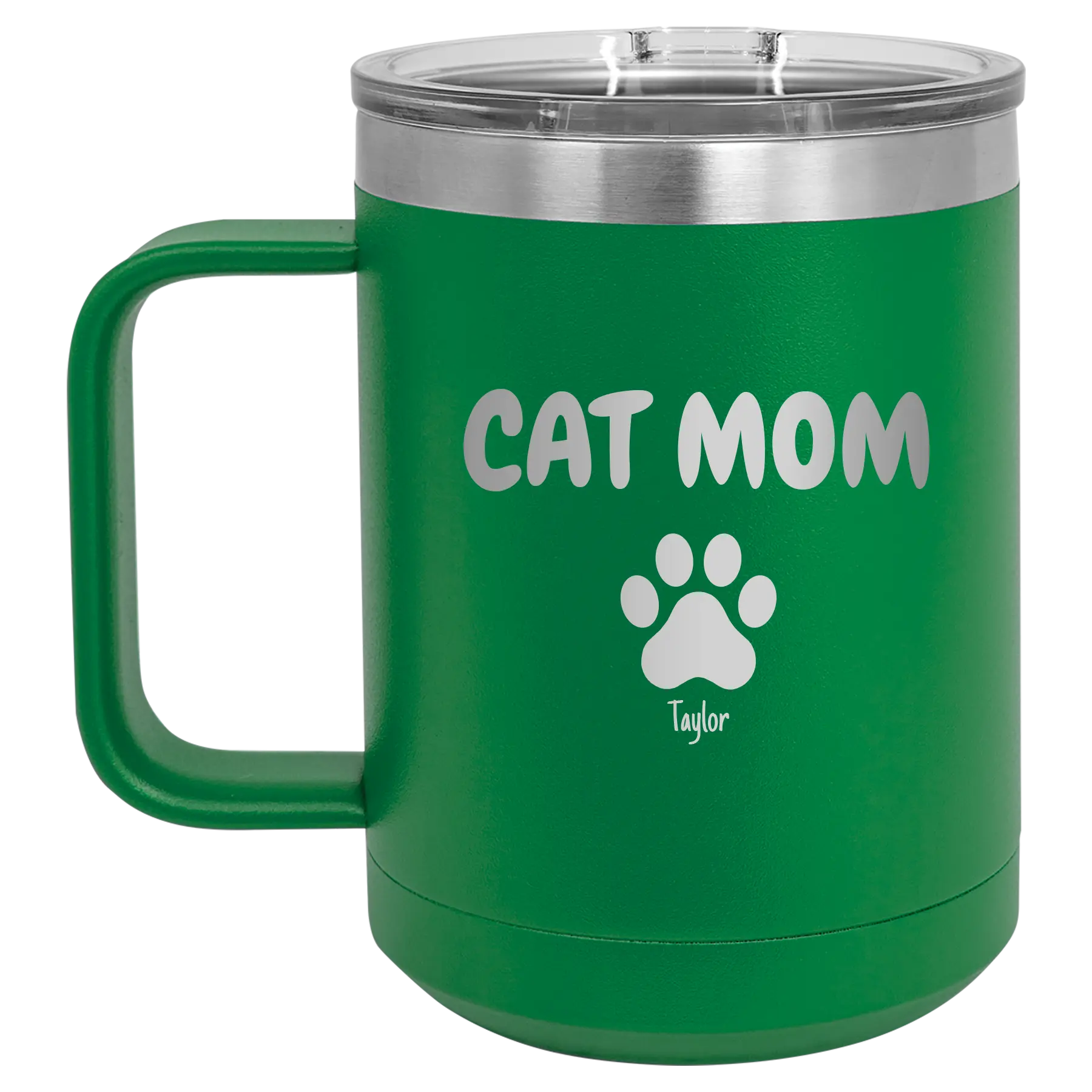 Personalized green 15 oz vacuum insulated coffee mug with 'Cat Dog Mom Dad 1 paw' design