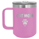Personalized light purple 15 oz vacuum insulated coffee mug with 'Cat Dog Mom Dad 1 paw' design