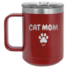 Personalized maroon 15 oz vacuum insulated coffee mug with 'Cat Dog Mom Dad 1 paw' design