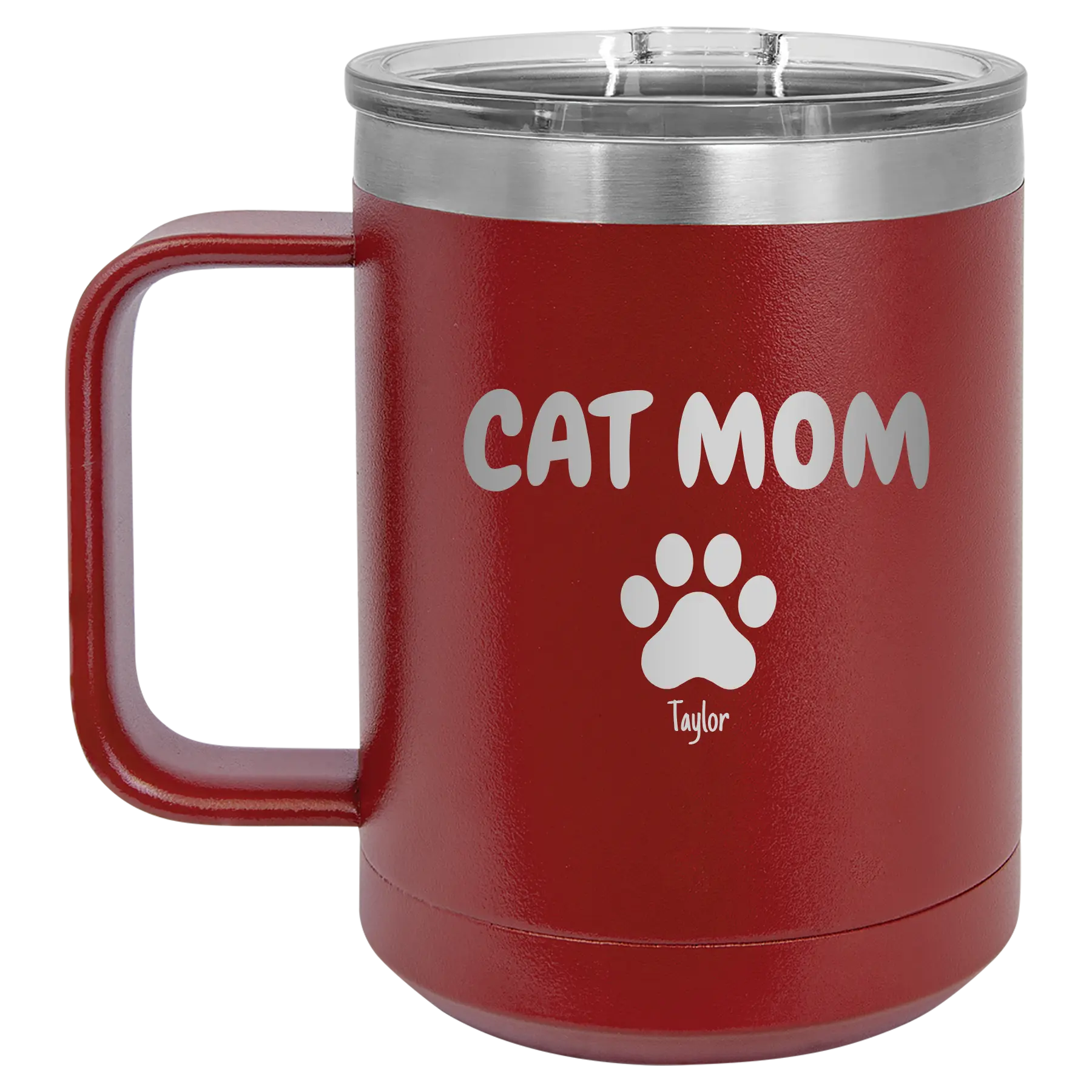 Personalized maroon 15 oz vacuum insulated coffee mug with 'Cat Dog Mom Dad 1 paw' design