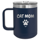 Personalized navy 15 oz vacuum insulated coffee mug with 'Cat Dog Mom Dad 1 paw' design
