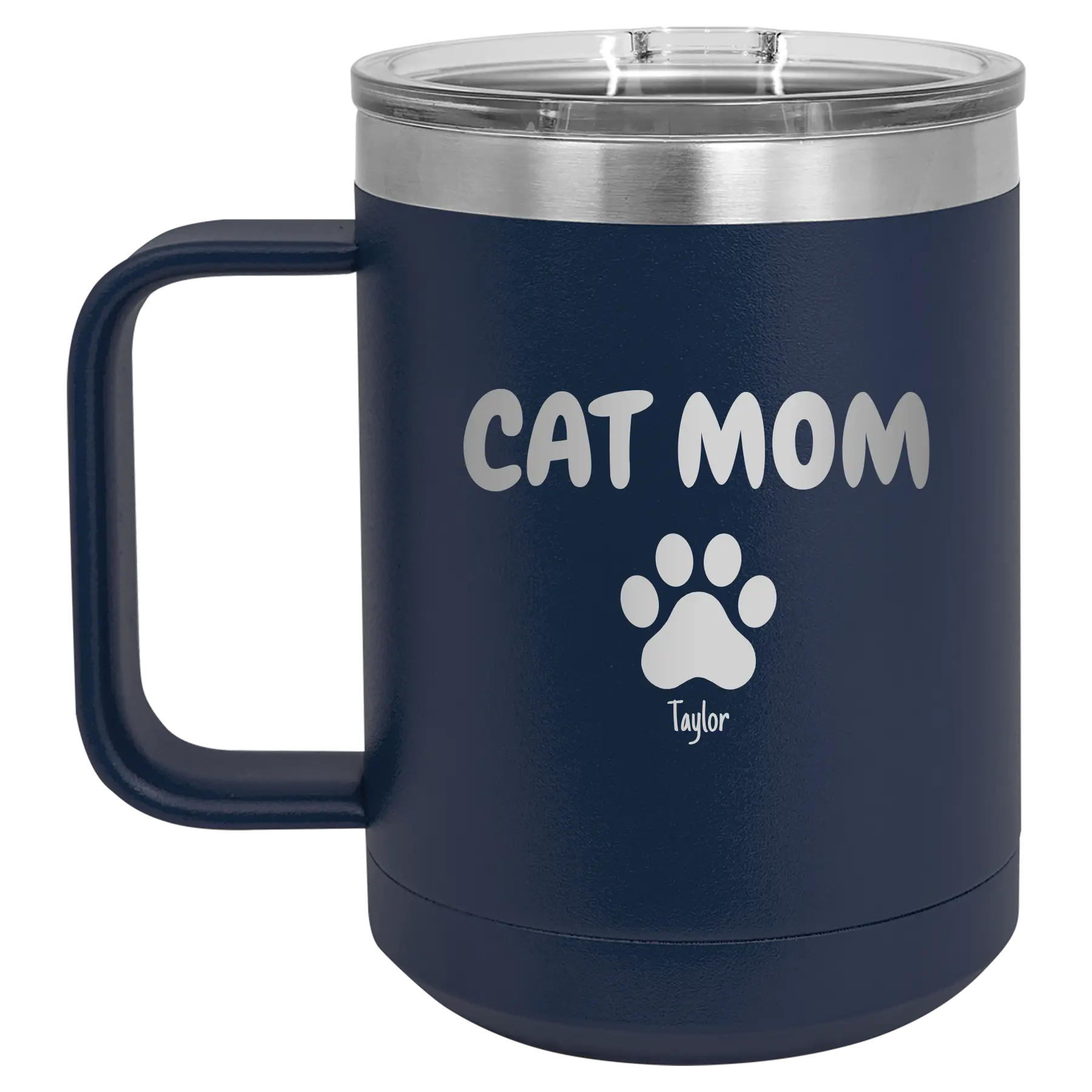 Personalized navy 15 oz vacuum insulated coffee mug with 'Cat Dog Mom Dad 1 paw' design