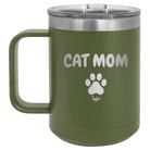 Personalized olive green 15 oz vacuum insulated coffee mug with 'Cat Dog Mom Dad 1 paw' design
