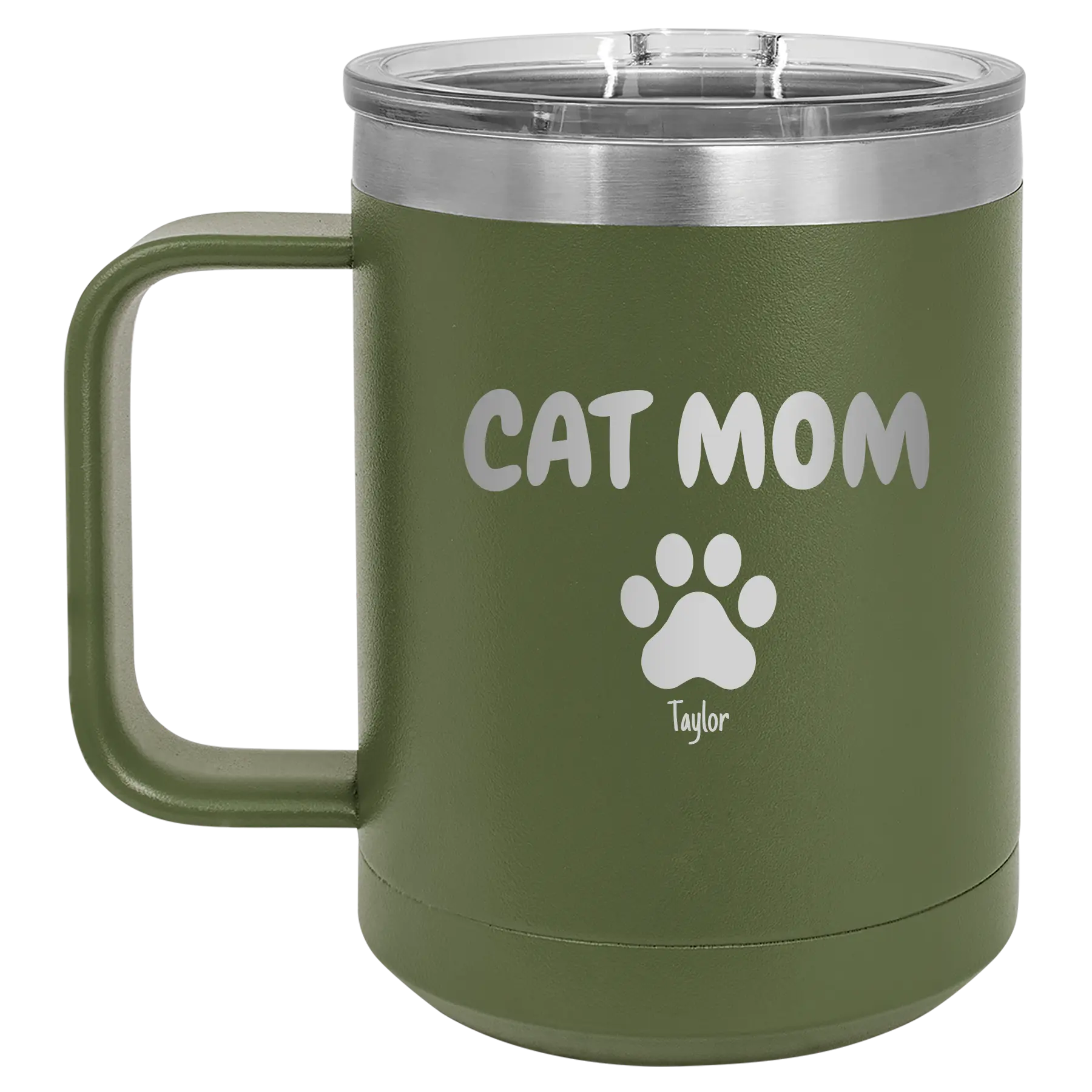 Personalized olive green 15 oz vacuum insulated coffee mug with 'Cat Dog Mom Dad 1 paw' design