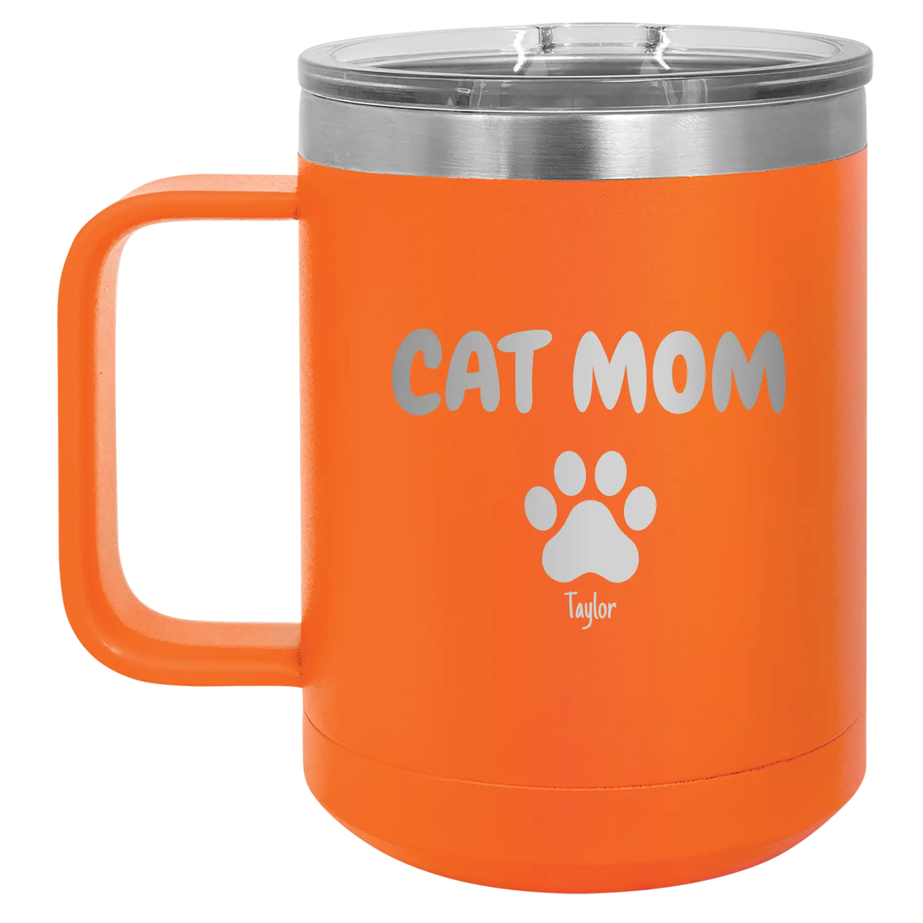 Personalized orange 15 oz vacuum insulated coffee mug with 'Cat Dog Mom Dad 1 paw' design