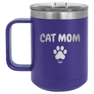 Personalized purple 15 oz vacuum insulated coffee mug with 'Cat Dog Mom Dad 1 paw' design