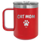 Personalized red 15 oz vacuum insulated coffee mug with 'Cat Dog Mom Dad 1 paw' design