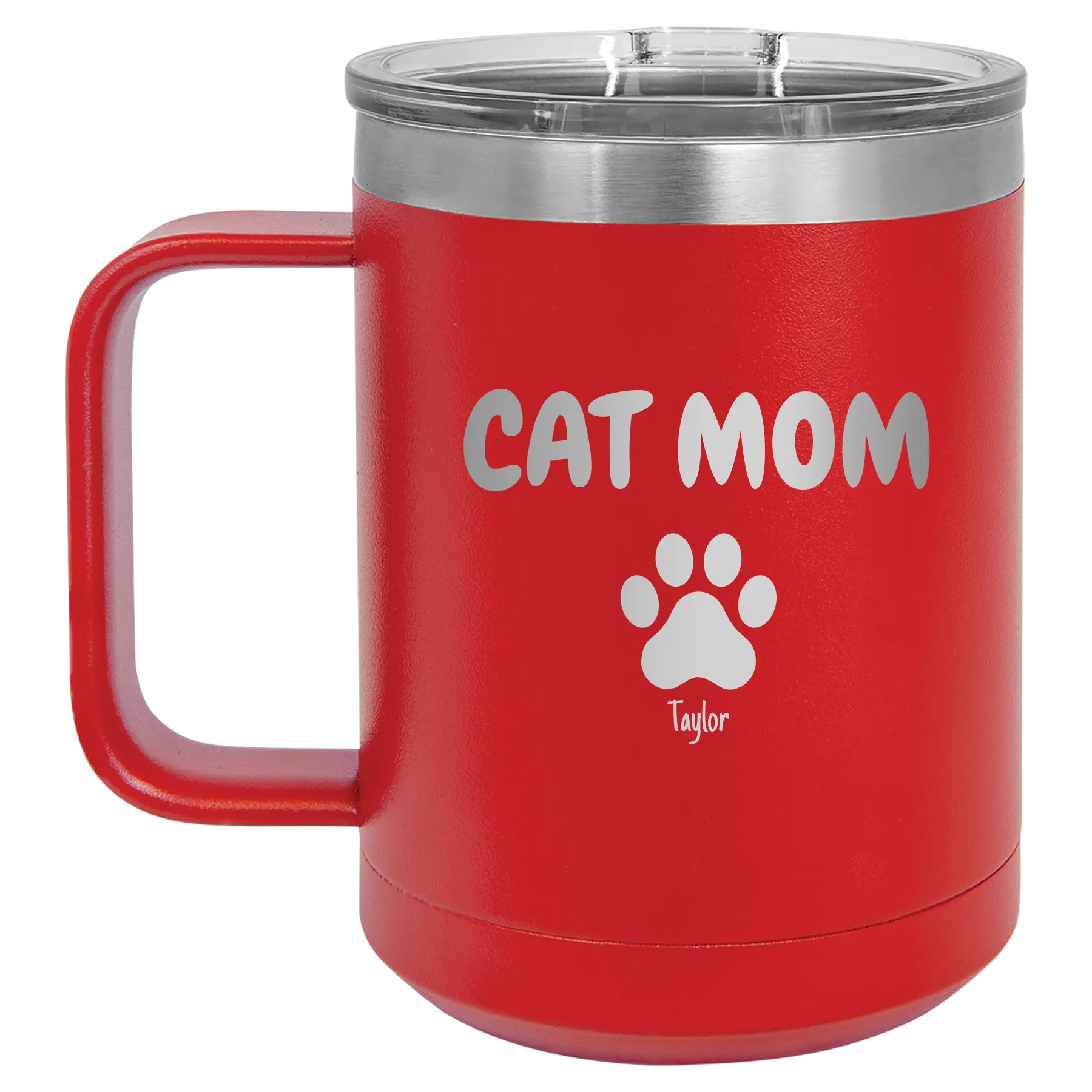 Personalized red 15 oz vacuum insulated coffee mug with 'Cat Dog Mom Dad 1 paw' design