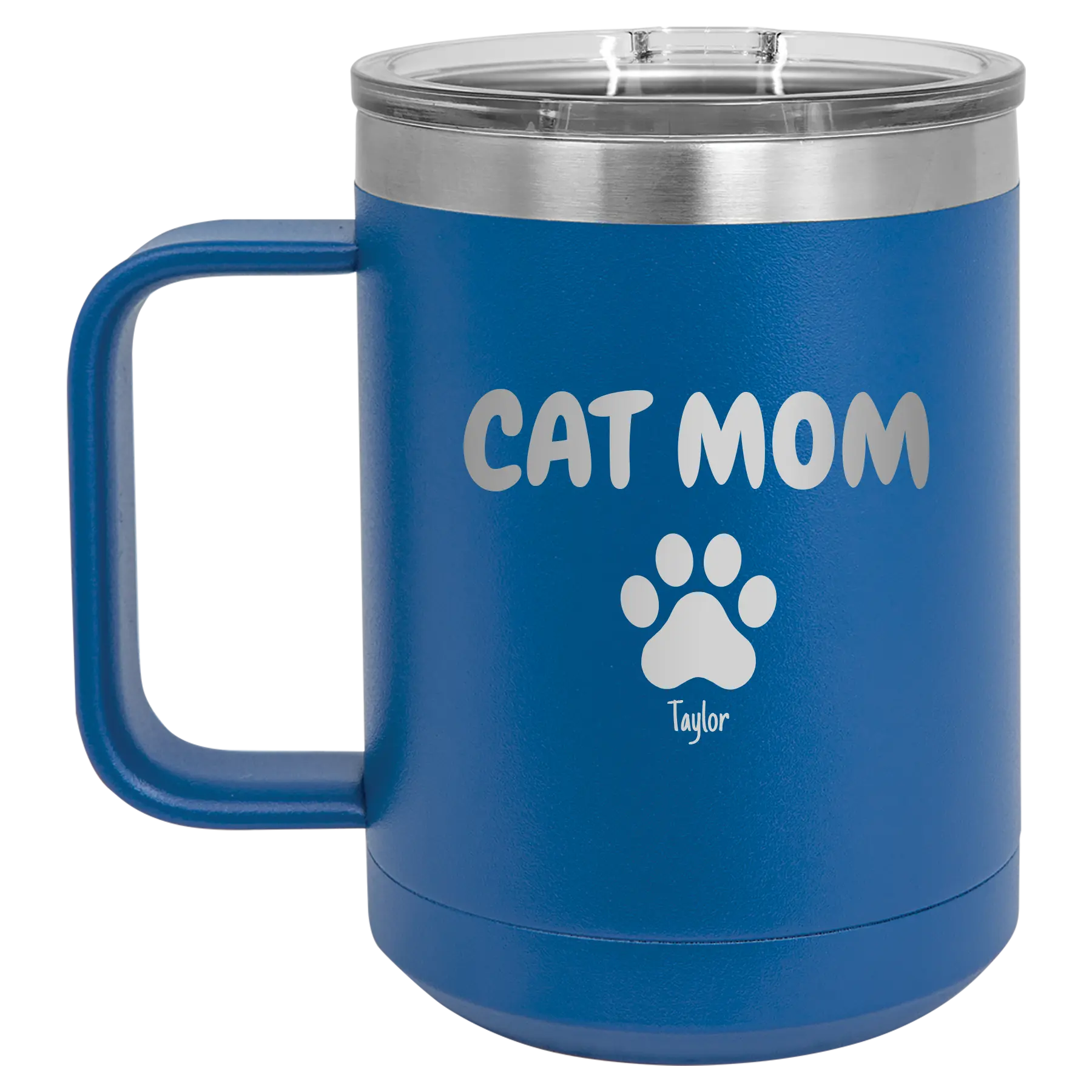 Personalized royal blue 15 oz vacuum insulated coffee mug with 'Cat Dog Mom Dad 1 paw' design