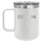 Personalized white 15 oz vacuum insulated coffee mug with 'Cat Dog Mom Dad 1 paw' design