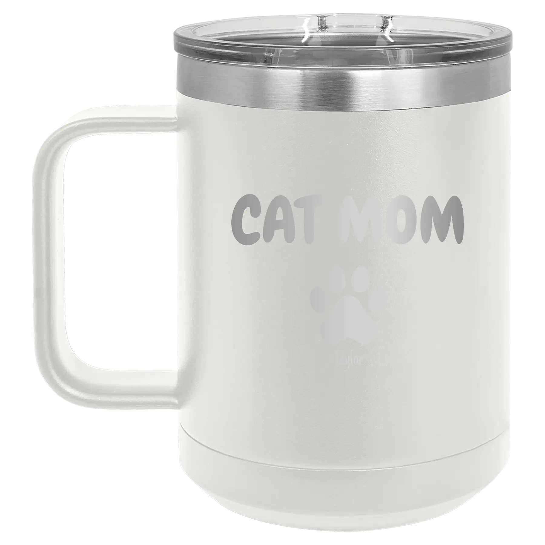 Personalized white 15 oz vacuum insulated coffee mug with 'Cat Dog Mom Dad 1 paw' design