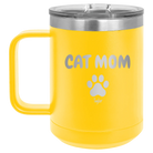 Personalized yellow 15 oz vacuum insulated coffee mug with 'Cat Dog Mom Dad 1 paw' design
