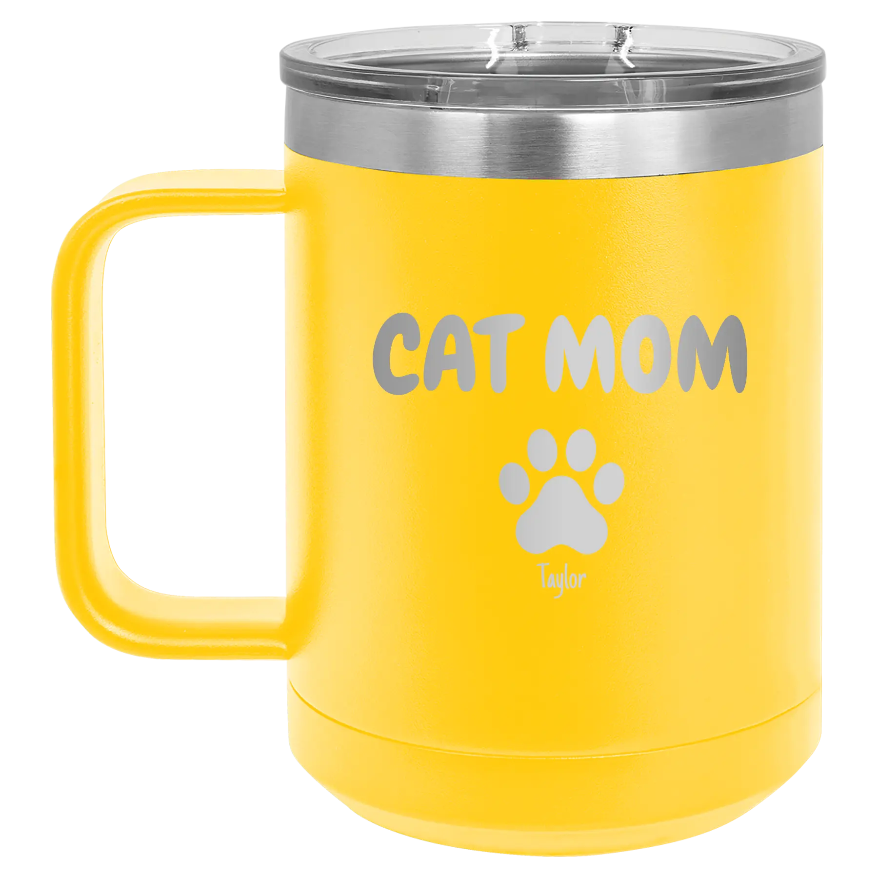 Personalized yellow 15 oz vacuum insulated coffee mug with 'Cat Dog Mom Dad 1 paw' design